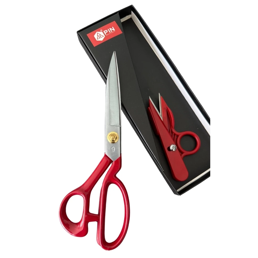 Pin 9 İnç Kırmızı Prosefyonel Kumaş Makası- Terziler ve Dikiş İçin Dayanıklı Kesim Makası