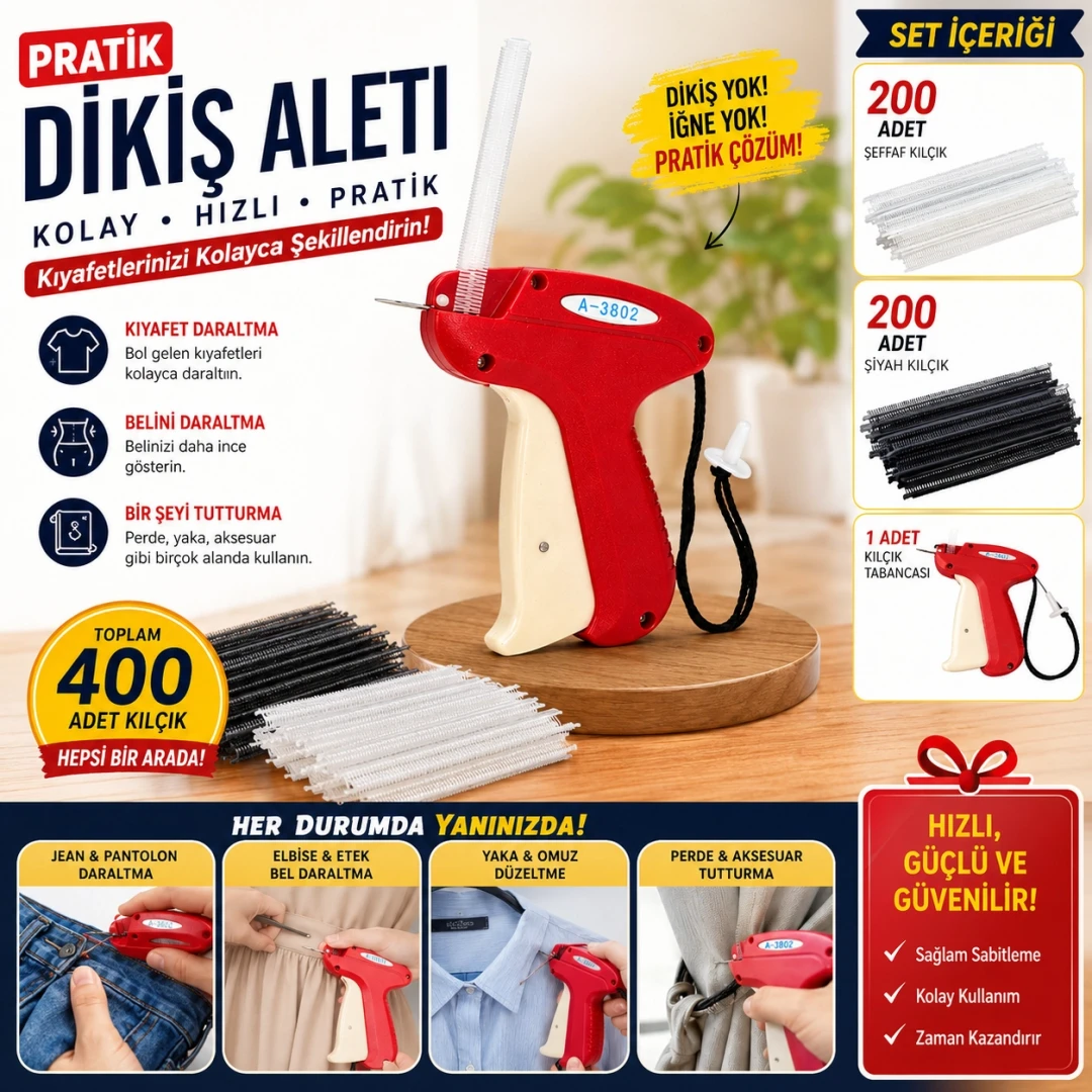 Pratik Dikiş Kılçık Aleti 5 mm Kılçık Tabancası 200 Şeffaf 200 Siyah Kılçık Set