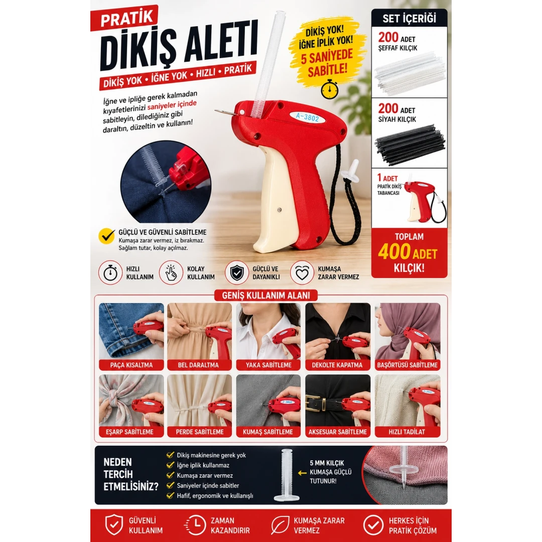 Pratik Dikiş Kılçık Aleti 5 mm Kılçık Tabancası 200 Şeffaf 200 Siyah Kılçık Set