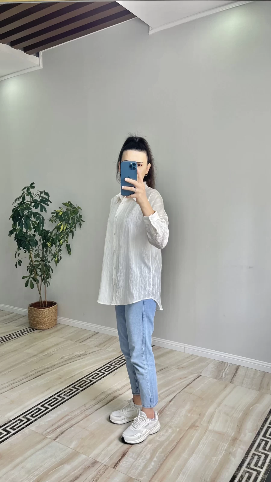 Oversize İnce Çizgili Gömlek