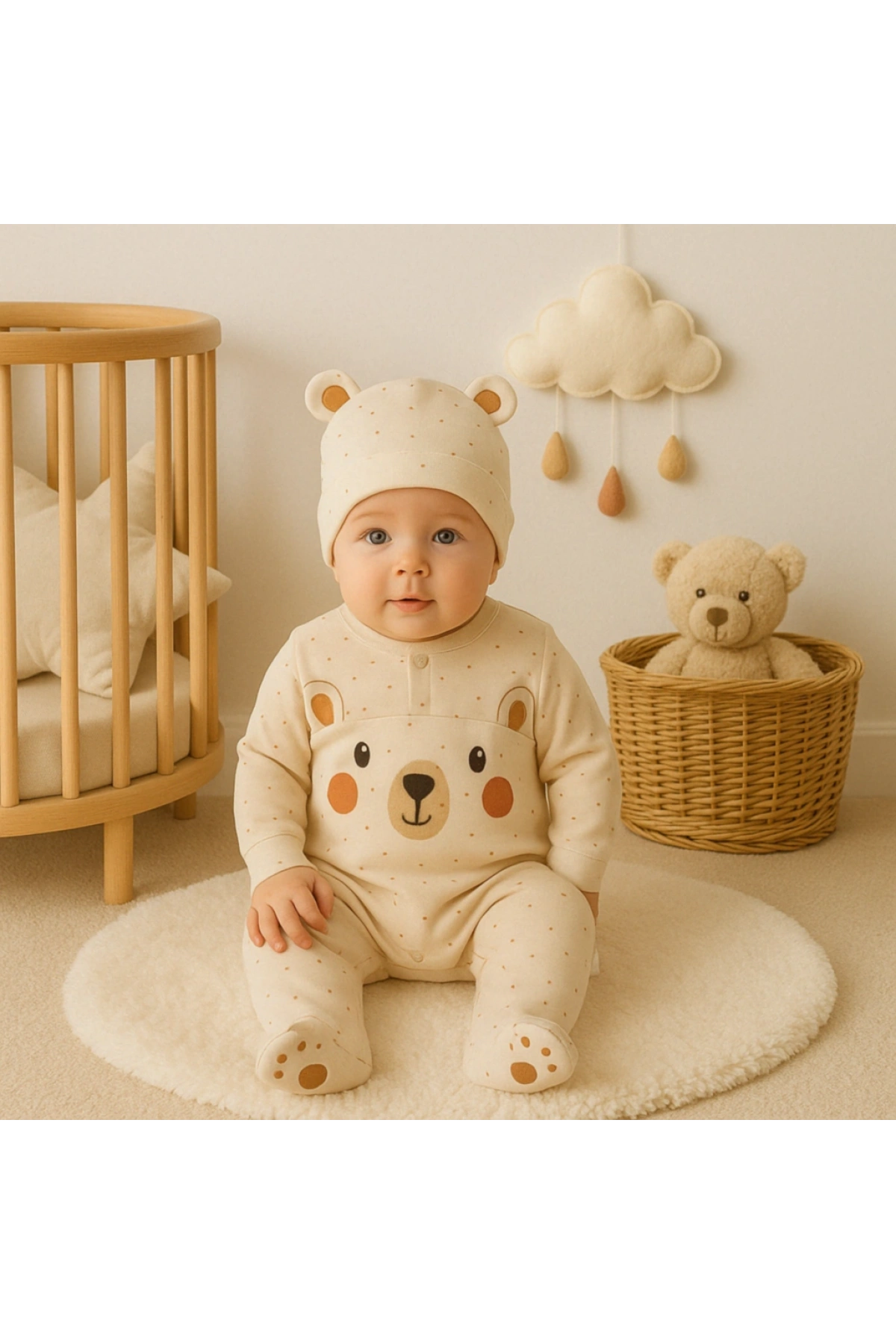 Ayıcık Desenli Erkek Bebek Şapkalı Tulum Takımı  Sevimli ve Rahat Bebek Tulum
