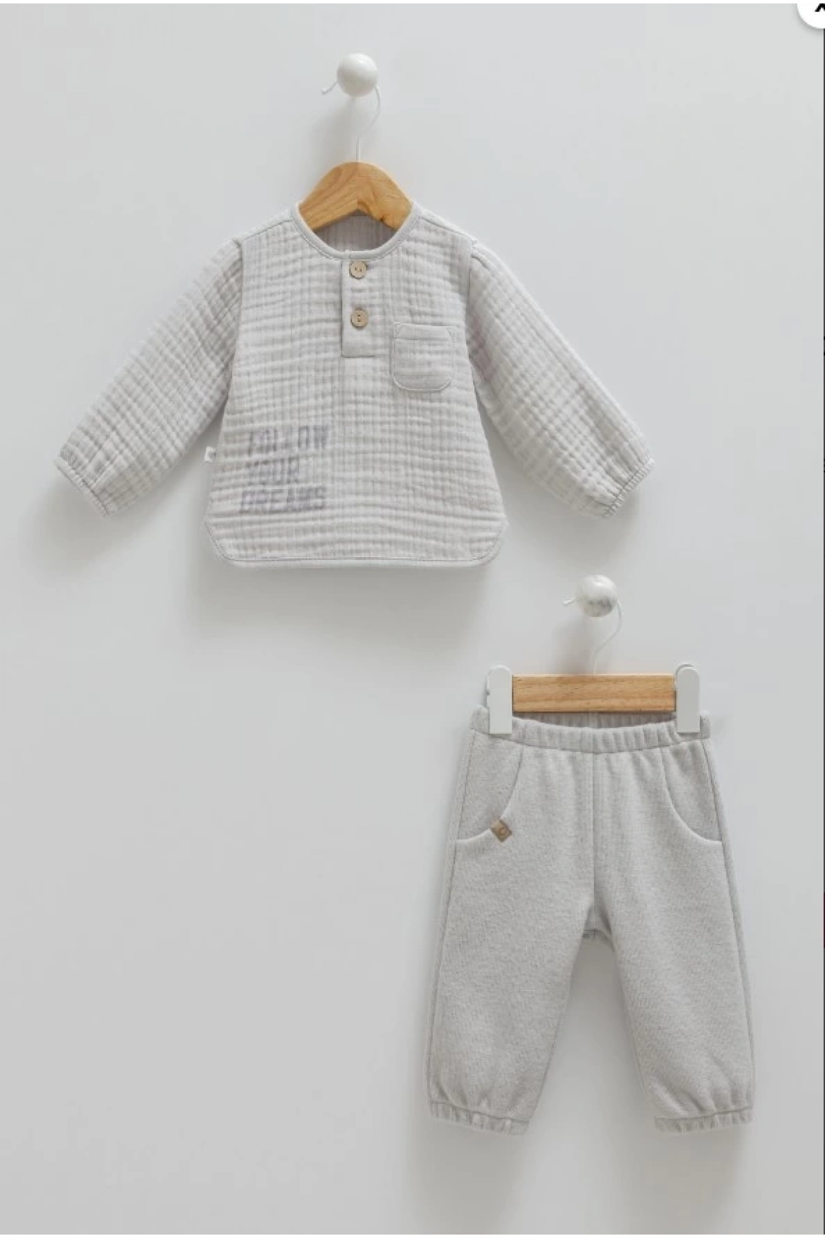 Erkek Bebek Gri İkili Takım  Günlük Kullanım İçin Rahat Bebek Takımı