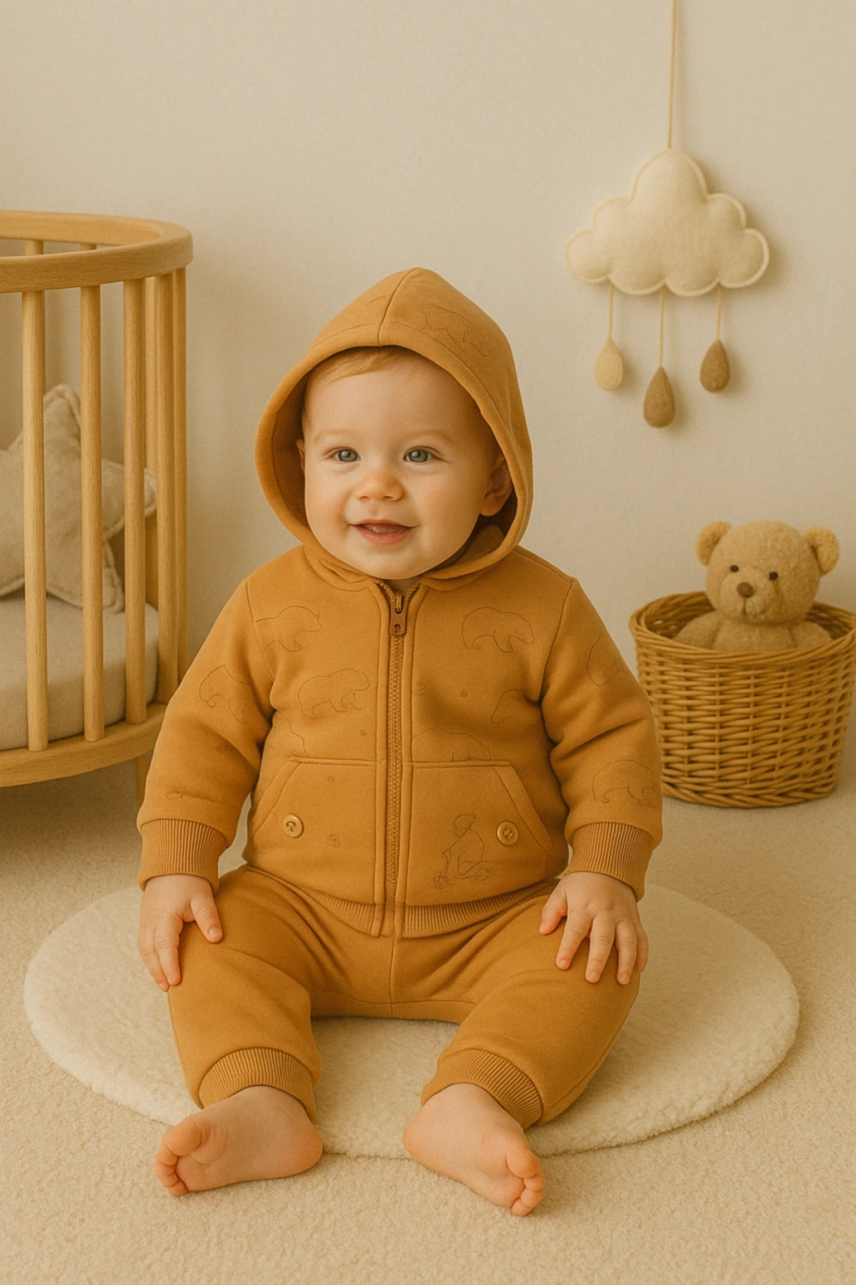 Erkek Bebek Kahverengi 2li Polar Takım  Yumuşak ve Sıcak Bebek Polar Takımı