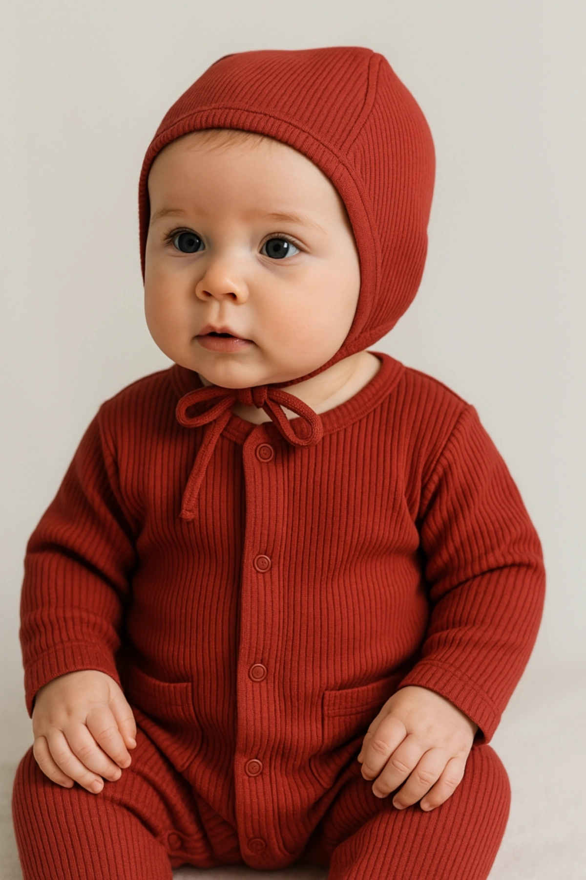 Fitilli Kumaş Şapkalı Kırmızı Tulum Unisex Hem Şık Hem Rahat Bebek Tulum Seti