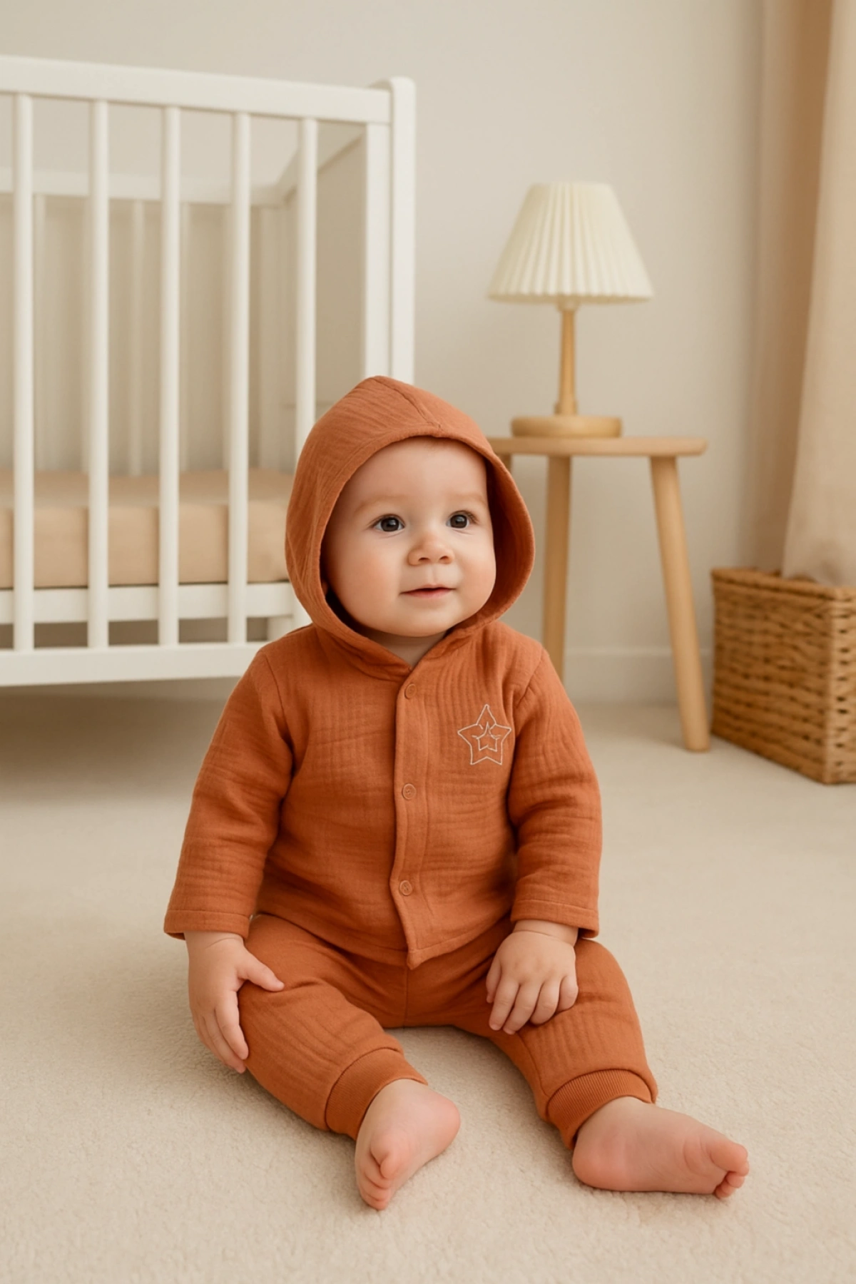 Kapüşonlu Ayıcık Desenli 2li Bebek Takımı  Kışlık Rahat Bebek Seti