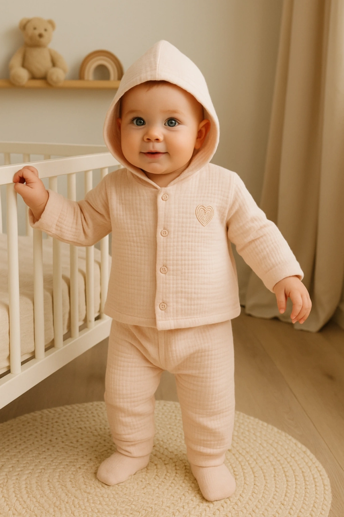 Kapüşonlu Ayıcık Desenli 2li Bebek Takımı Sevimli ve Sıcak Bebek Seti