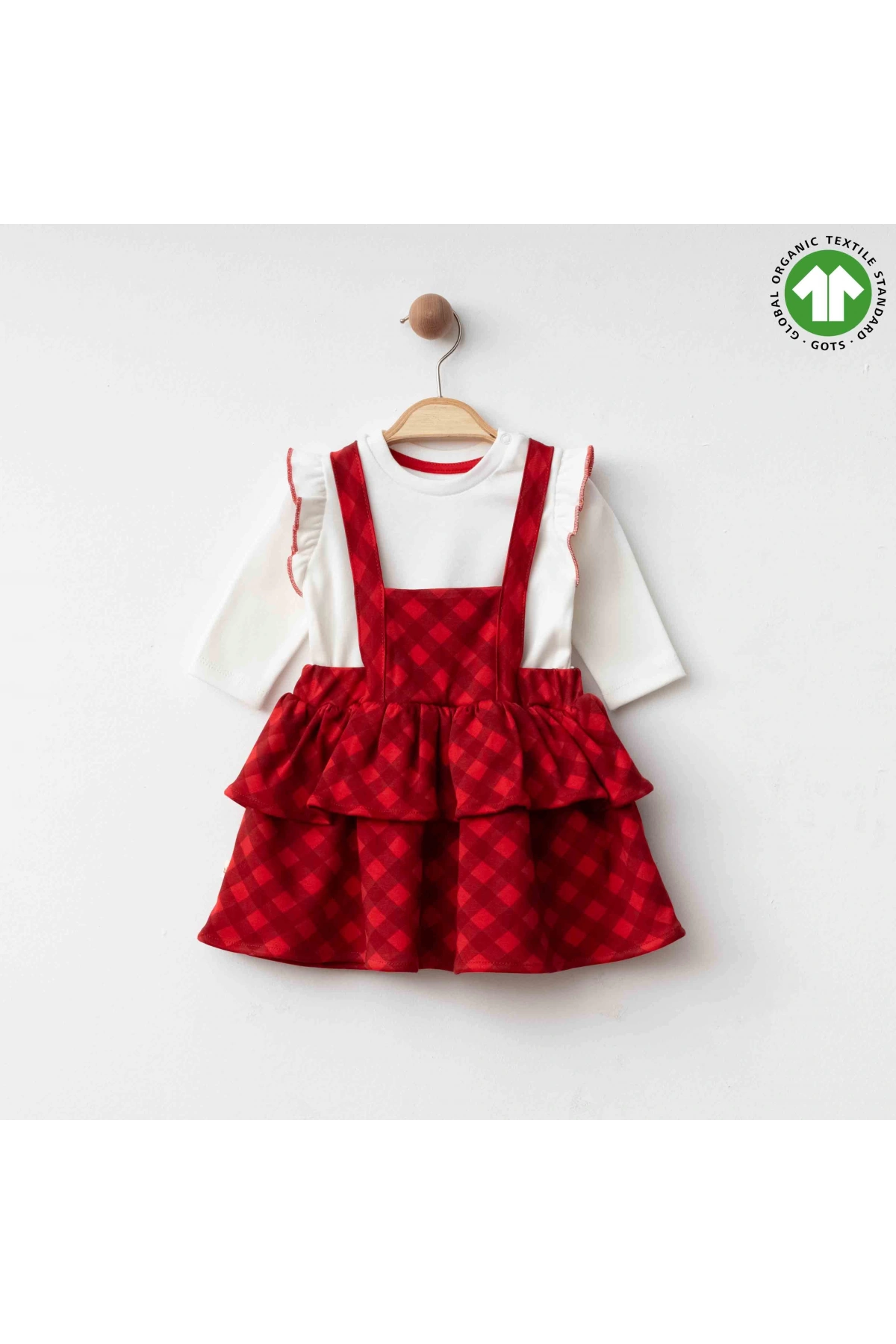 Kırmızı Askılı Ekoseli Kız Bebek Elbise Takımı