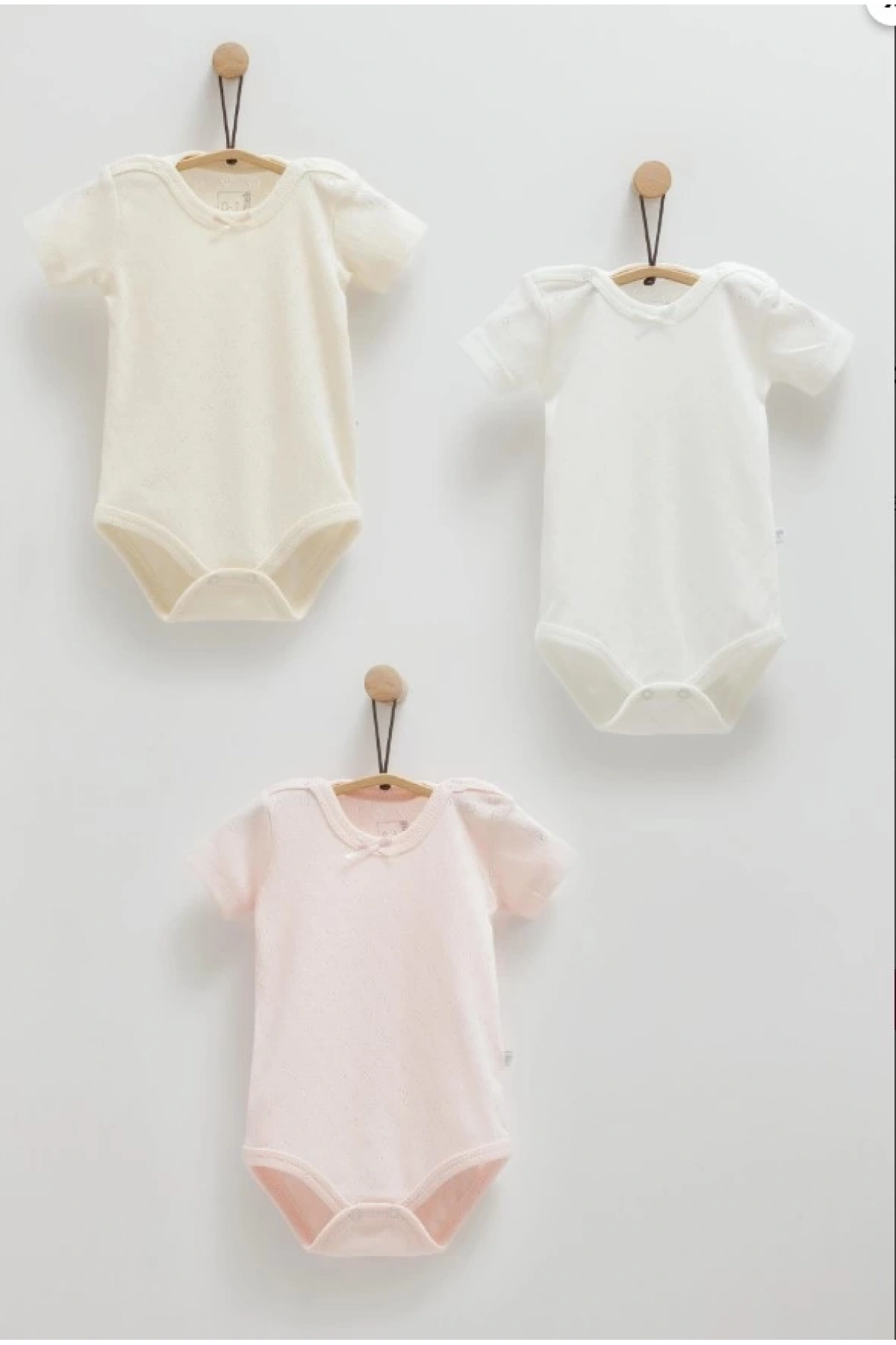 Kız Bebek Bej Rengi 3lü Kısa Kollu Body Seti  Günlük Kullanım İçin Rahat Body Seti