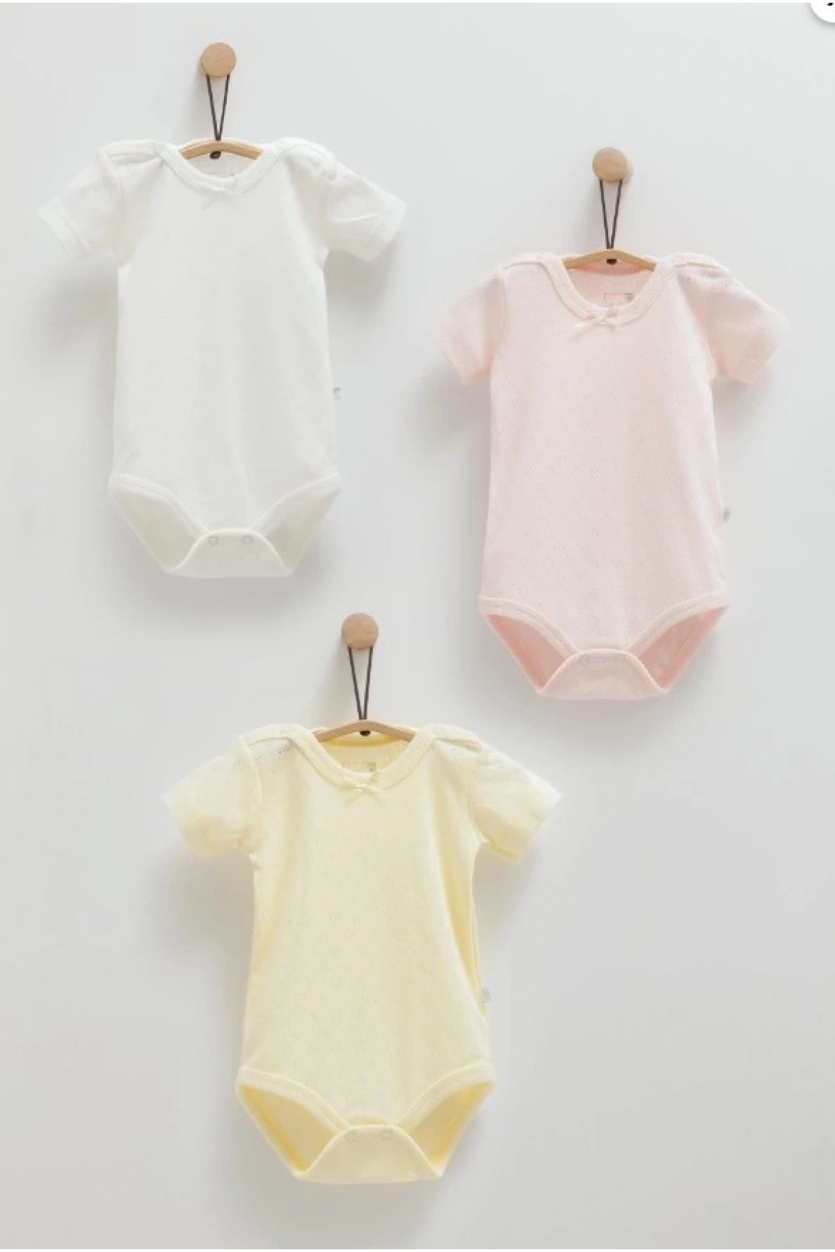 Kız Bebek Ekru Rengi 3lü Kısa Kollu Body Seti  Organik Pamuk Rahat Bebek Body