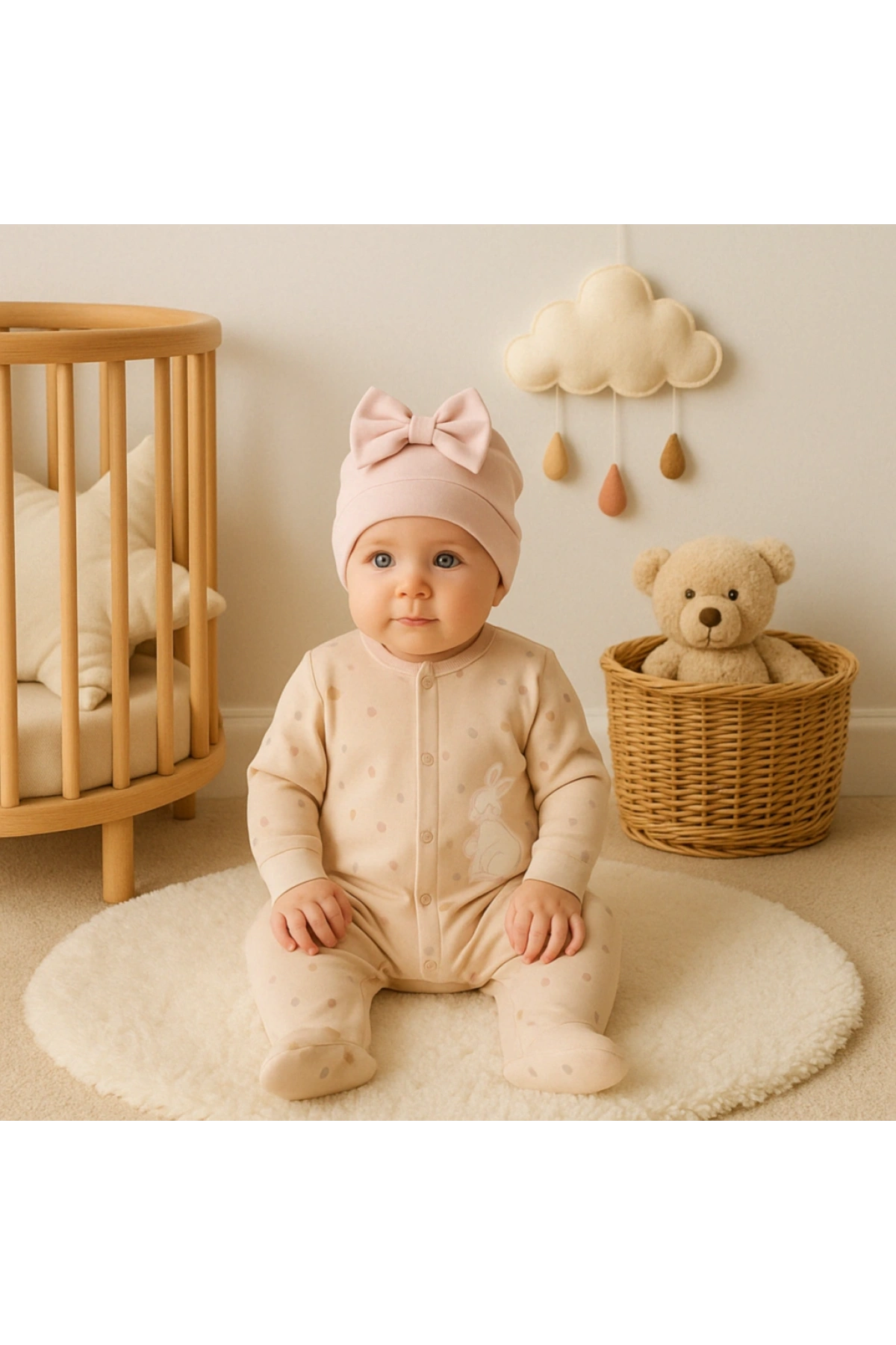 Kız Bebek Tavşanlı Ayaklı Tulum ve Şapka Seti  Sevimli ve Rahat Bebek Giyim