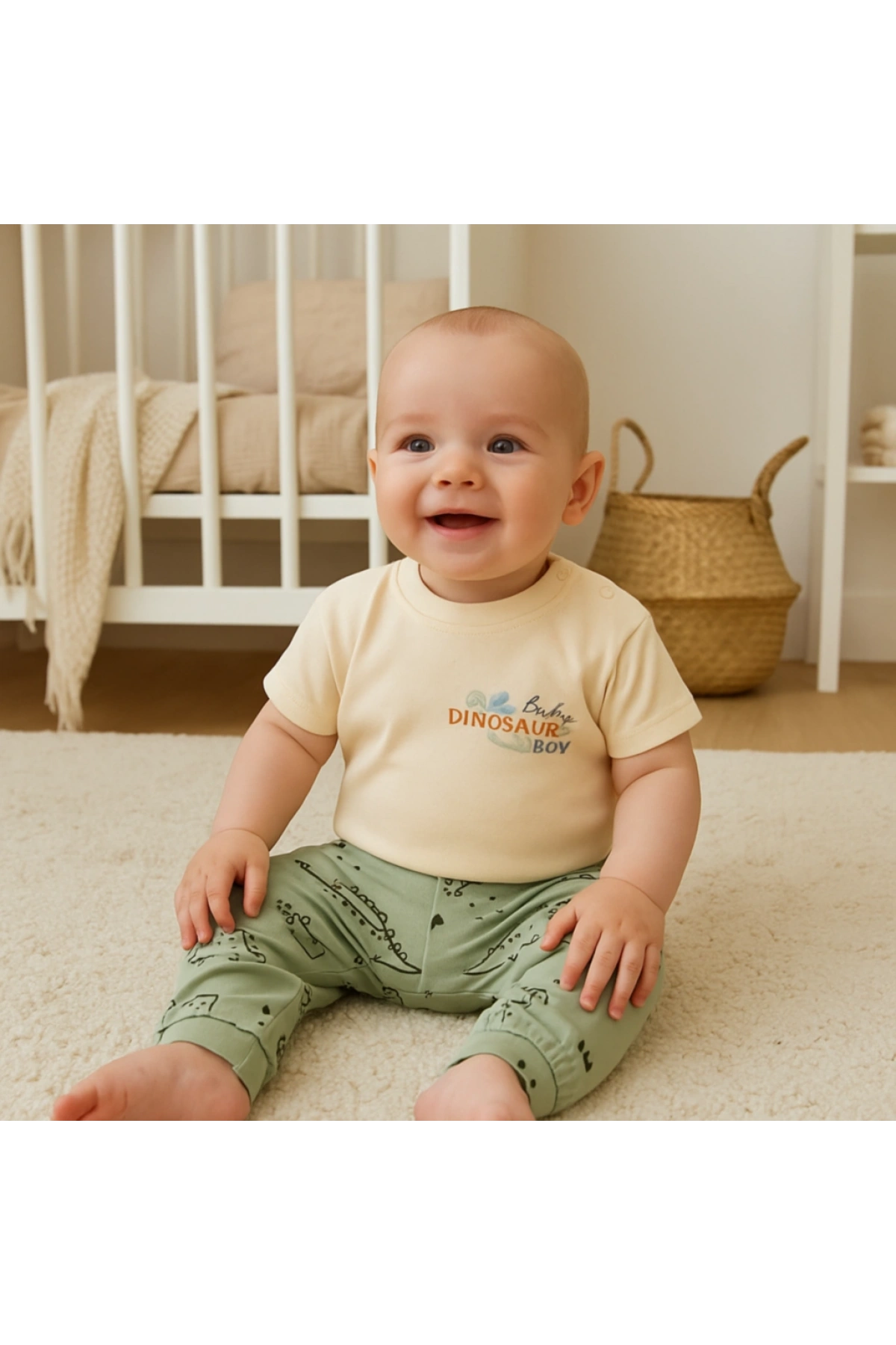 Organik Pamuk Dinozor Desenli Yeşil Bebek Takımı Konforlu ve Eğlenceli Stil!