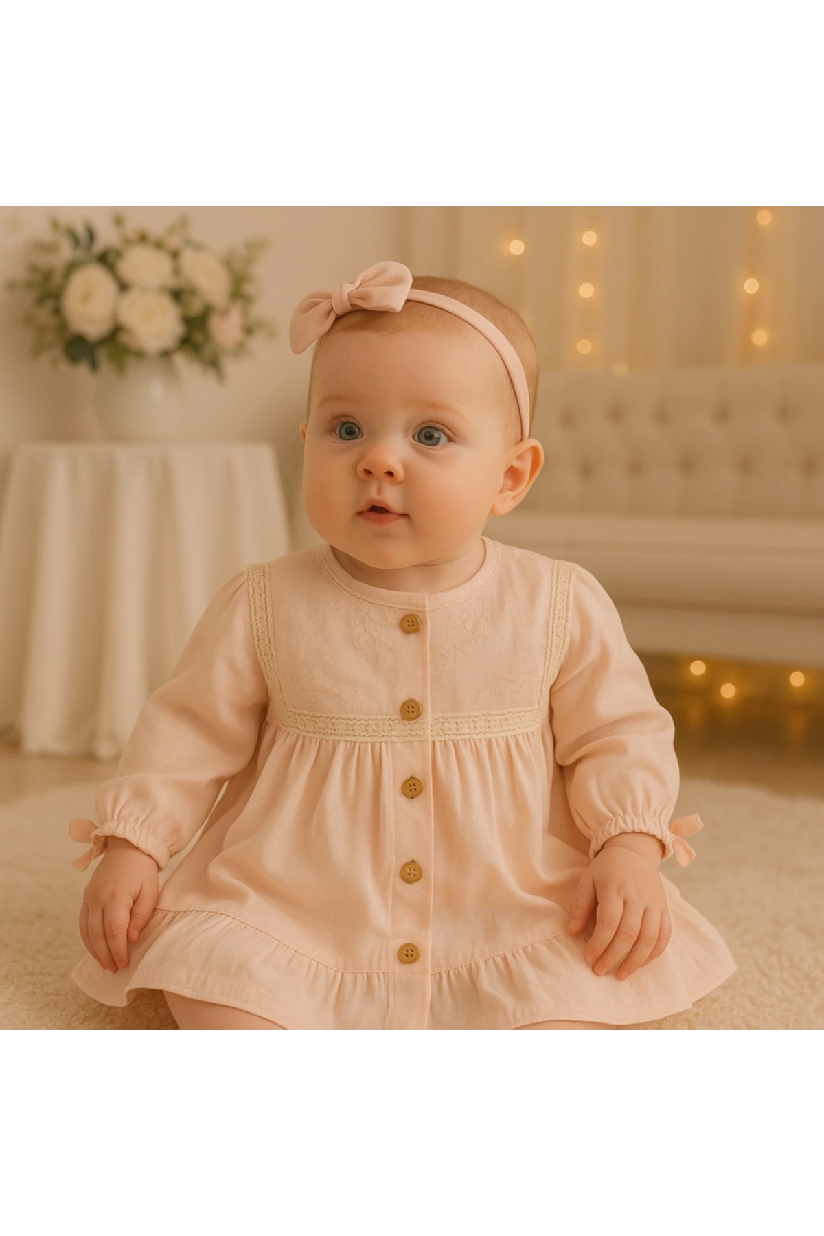 Pudra Düşler Dantel Detaylı Fırfırlı Prenses Elbisesi