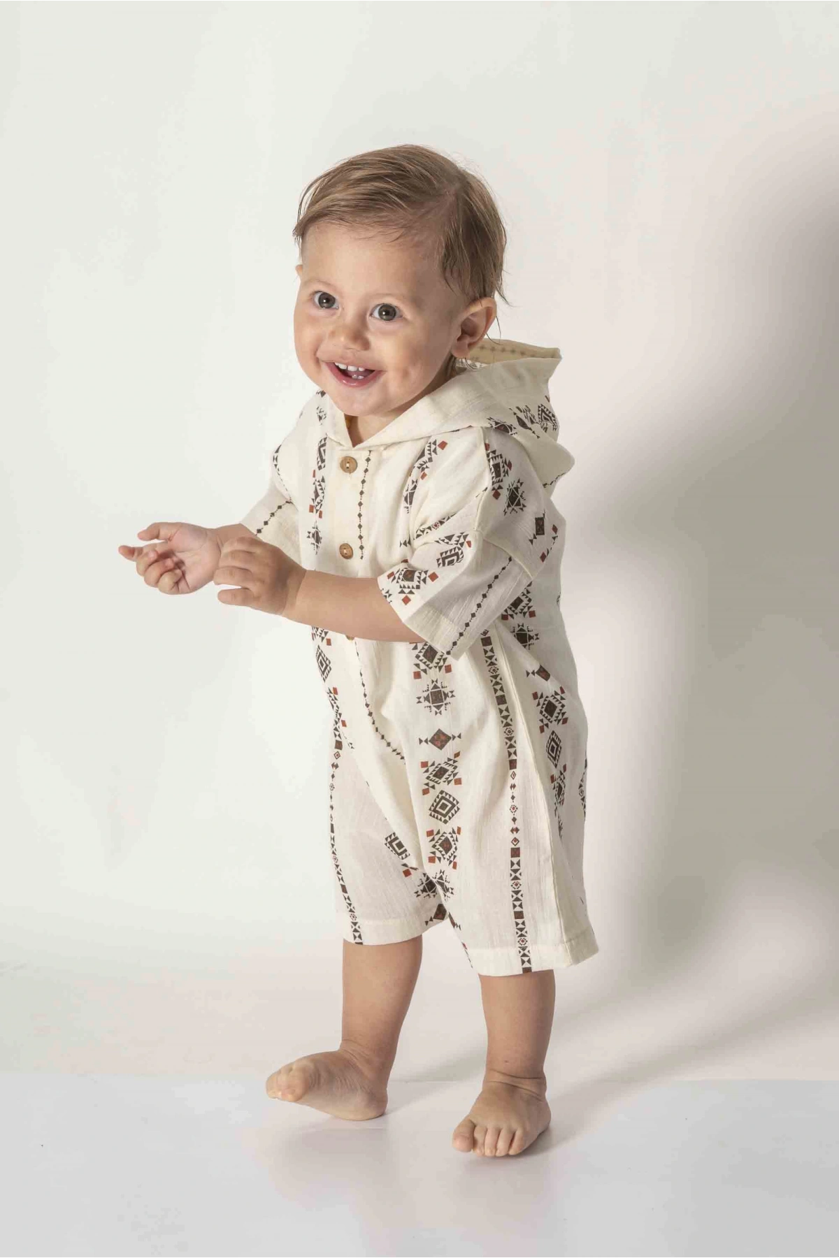 Şile Bezi Kapüşonlu Kahverengi Yazlık Bebek Tulum