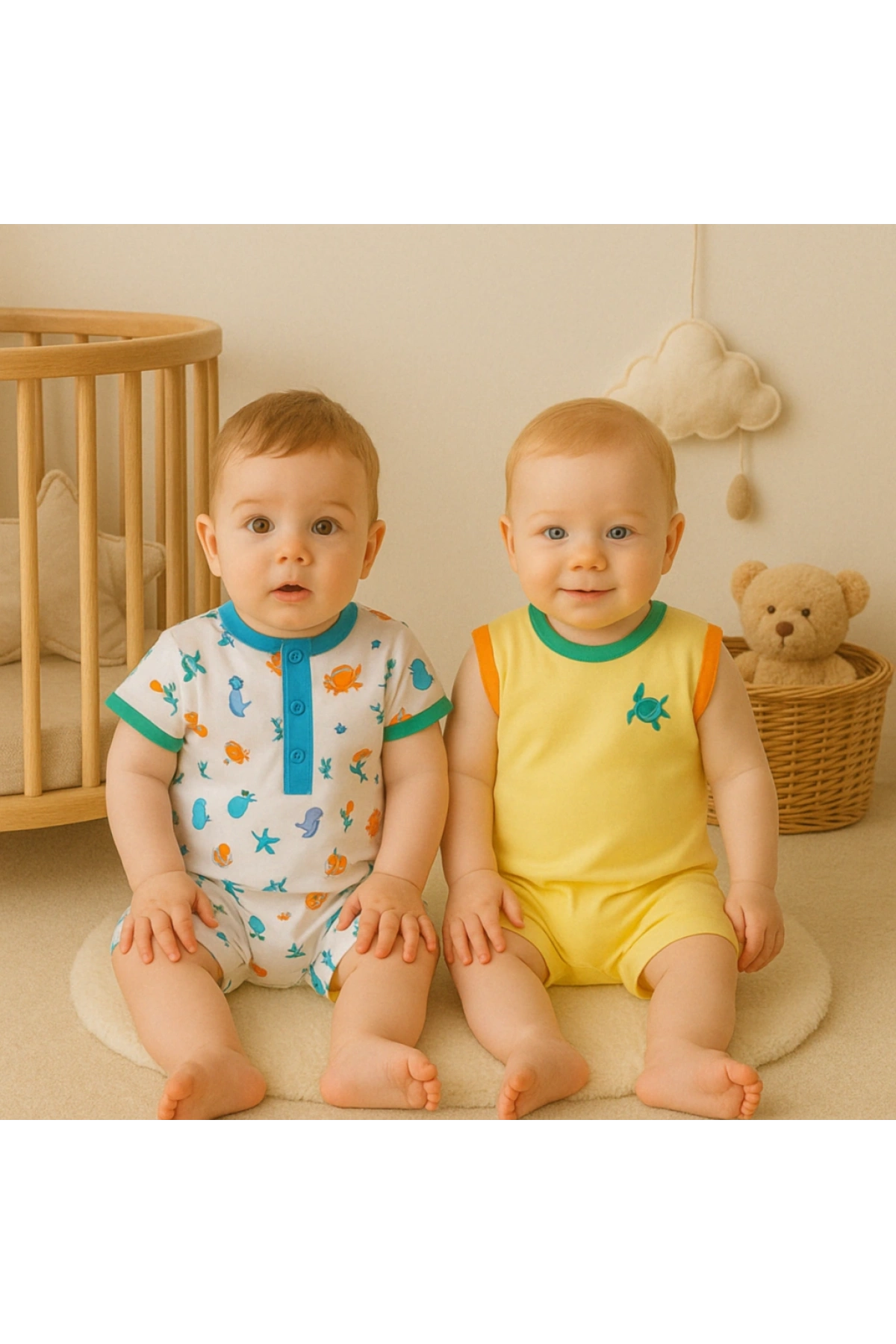 Su Altı Canlıları Desenli 2li Erkek Bebek Tulum Yumuşak ve Şık Bebek Tulum Seti