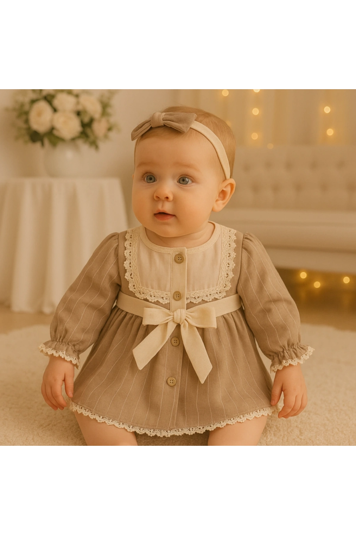 Vintage Elegance  Fiyonklu Kahve-Bej Elbise