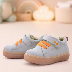 Anatomik Hakiki Deri Gri Metal Detaylı Lastikli Cırtlı Bebek Ayakkabı