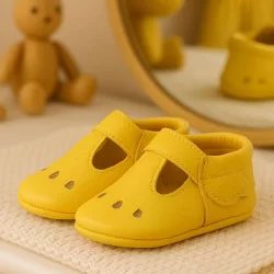 Bubbles Hakiki Deri Sarı Lastikli Bebek Patik