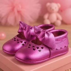 Coco Hakiki Deri Fuşya Fiyonklu Lastikli Bebek Patik