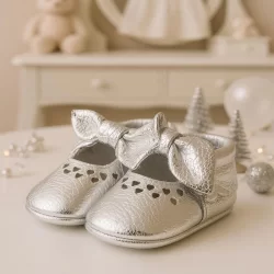 Coco Hakiki Deri Gümüş Fiyonklu Lastikli Bebek Patik