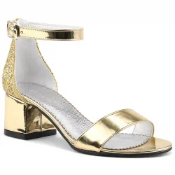 Elsa Altın Aynalı Simli Kalın Topuklu Kız Çocuk Abiye Ayakkabı