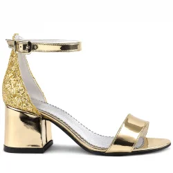 Elsa Altın Aynalı Simli Kalın Topuklu Kız Çocuk Abiye Ayakkabı