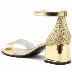 Elsa Altın Aynalı Simli Kalın Topuklu Kız Çocuk Abiye Ayakkabı