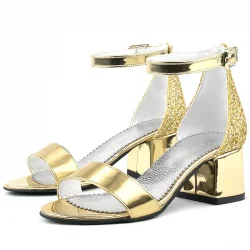 Elsa Altın Aynalı Simli Kalın Topuklu Kız Çocuk Abiye Ayakkabı