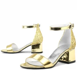 Elsa Altın Aynalı Simli Kalın Topuklu Kız Çocuk Abiye Ayakkabı