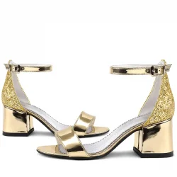 Elsa Altın Aynalı Simli Kalın Topuklu Kız Çocuk Abiye Ayakkabı