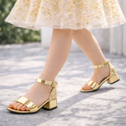 Elsa Altın Aynalı Simli Kalın Topuklu Kız Çocuk Abiye Ayakkabı