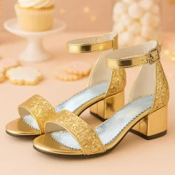 Elsa Altın Simli Kalın Topuklu Kız Çocuk Abiye Ayakkabı