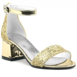 Elsa Altın Simli Kalın Topuklu Kız Çocuk Abiye Ayakkabı