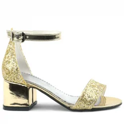 Elsa Altın Simli Kalın Topuklu Kız Çocuk Abiye Ayakkabı