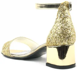 Elsa Altın Simli Kalın Topuklu Kız Çocuk Abiye Ayakkabı