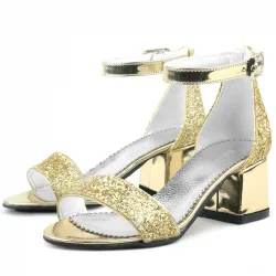 Elsa Altın Simli Kalın Topuklu Kız Çocuk Abiye Ayakkabı