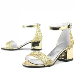 Elsa Altın Simli Kalın Topuklu Kız Çocuk Abiye Ayakkabı