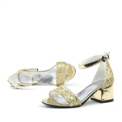 Elsa Altın Simli Kalın Topuklu Kız Çocuk Abiye Ayakkabı