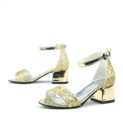 Elsa Altın Simli Kalın Topuklu Kız Çocuk Abiye Ayakkabı