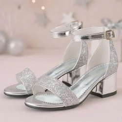 Elsa Gümüş Simli Kalın Topuklu Tek Bant Kız Çocuk Abiye Ayakkabı