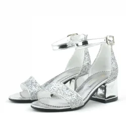 Elsa Gümüş Simli Kalın Topuklu Tek Bant Kız Çocuk Abiye Ayakkabı