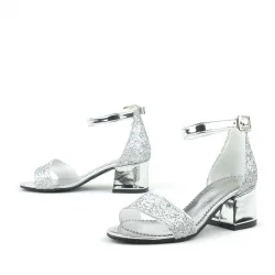 Elsa Gümüş Simli Kalın Topuklu Tek Bant Kız Çocuk Abiye Ayakkabı