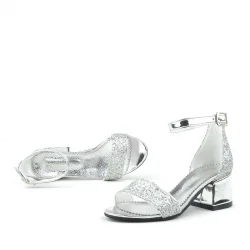 Elsa Gümüş Simli Kalın Topuklu Tek Bant Kız Çocuk Abiye Ayakkabı