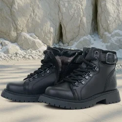 Gerçek Kürklü Hakiki Deri Siyah Bağcıklı Fermuarlı Çocuk Kar Botu