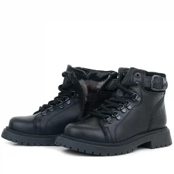 Gerçek Kürklü Hakiki Deri Siyah Bağcıklı Fermuarlı Çocuk Kar Botu