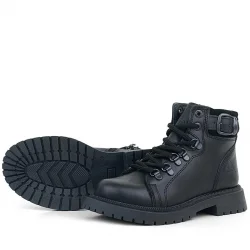 Gerçek Kürklü Hakiki Deri Siyah Bağcıklı Fermuarlı Çocuk Kar Botu