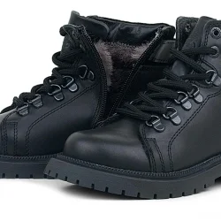 Gerçek Kürklü Hakiki Deri Siyah Bağcıklı Fermuarlı Çocuk Kar Botu