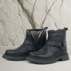 Gerçek Kürklü Hakiki Deri Siyah Fermuarlı Çocuk Bot