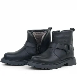 Gerçek Kürklü Hakiki Deri Siyah Fermuarlı Çocuk Bot