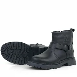 Gerçek Kürklü Hakiki Deri Siyah Fermuarlı Çocuk Bot