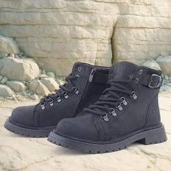 Gerçek Kürklü Hakiki Deri Siyah Nubuk Bağcıklı Fermuarlı Çocuk Kar Botu